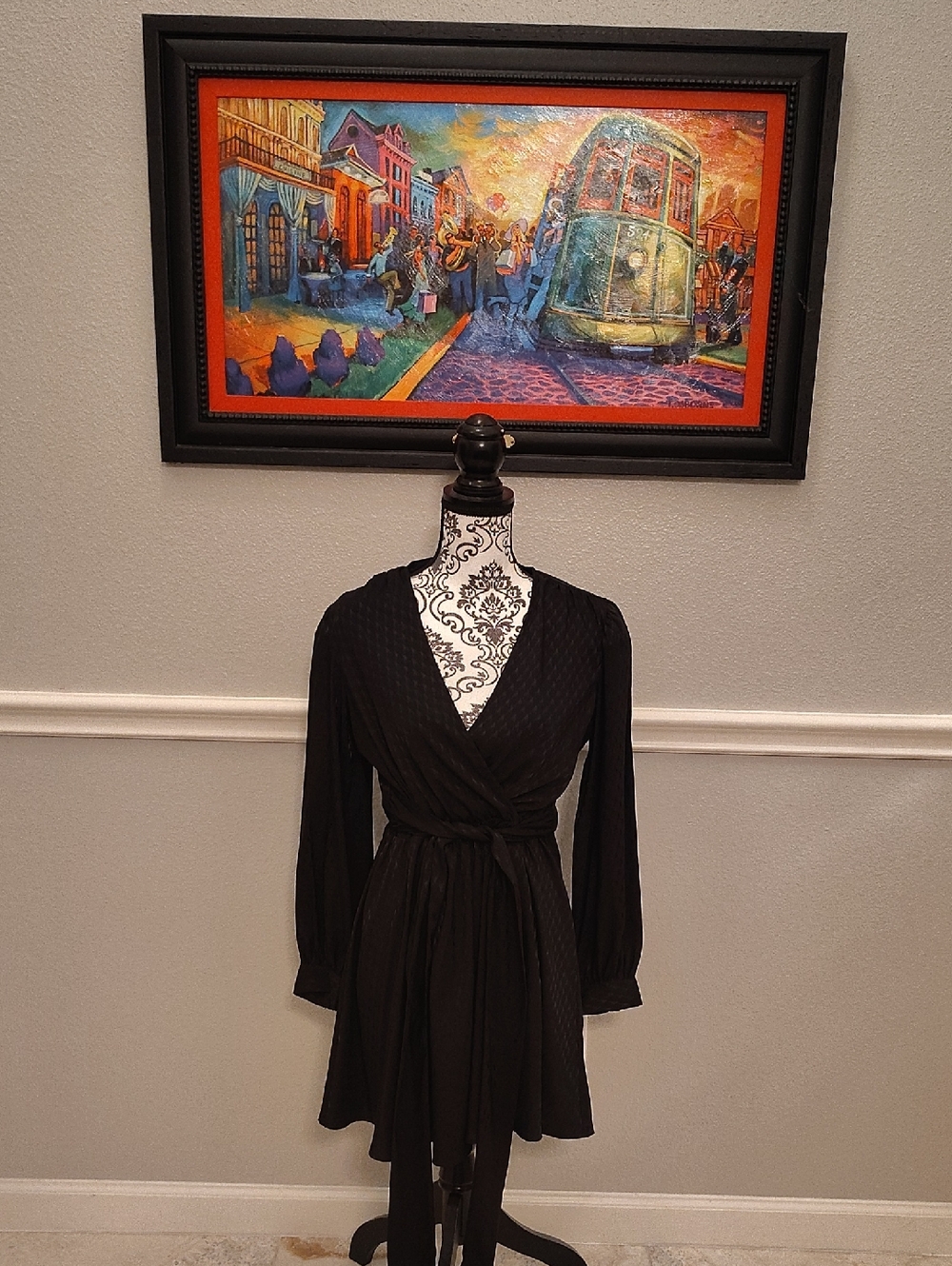 Black Long Sleeve Faux Wrap Dress - Women